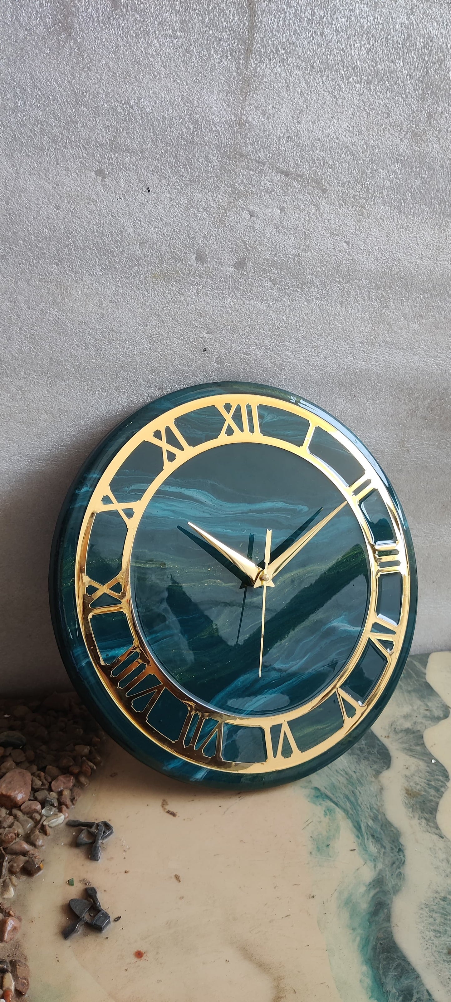 Shiny Ocean Green With Gold Bezel Resin Large Wall Clock(27 Inches)