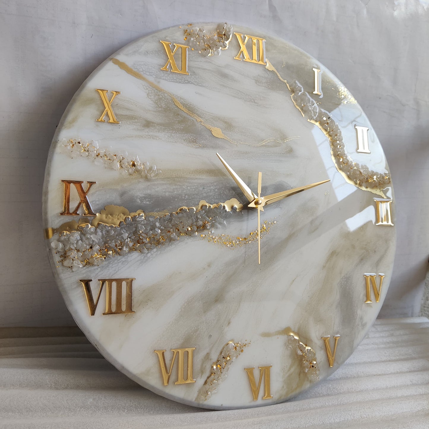 Shiny Cream Marble with Gold texture and Stones Resin Large wall Clock (27 Inches)
