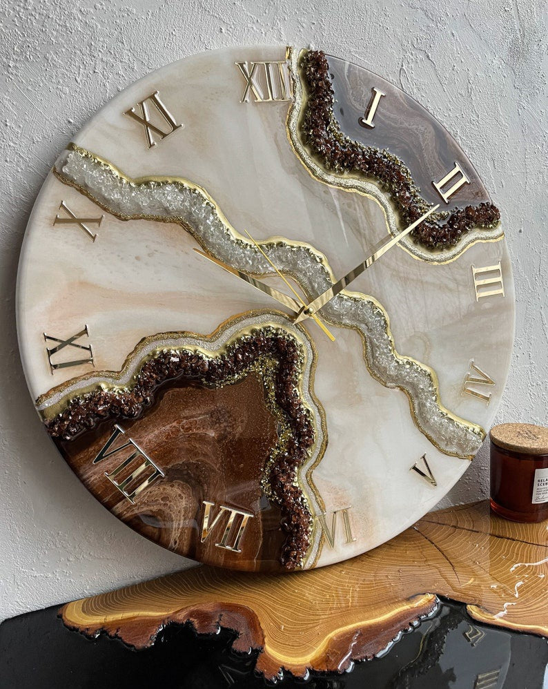 Brown with Cream and pearl stones Resin Wall Clock