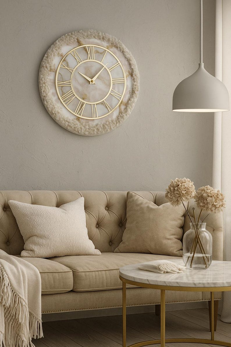Cream Stone Art piece With Gold Flames Resin Wall Clock