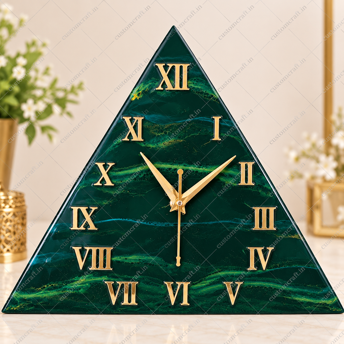 Green and Gold Triangle Resin Wall Clock for Modern and Vastu-Inspired Decor