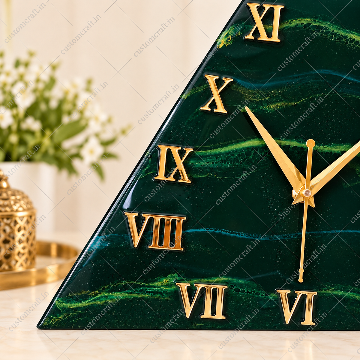 Green and Gold Triangle Resin Wall Clock, Left-Side View