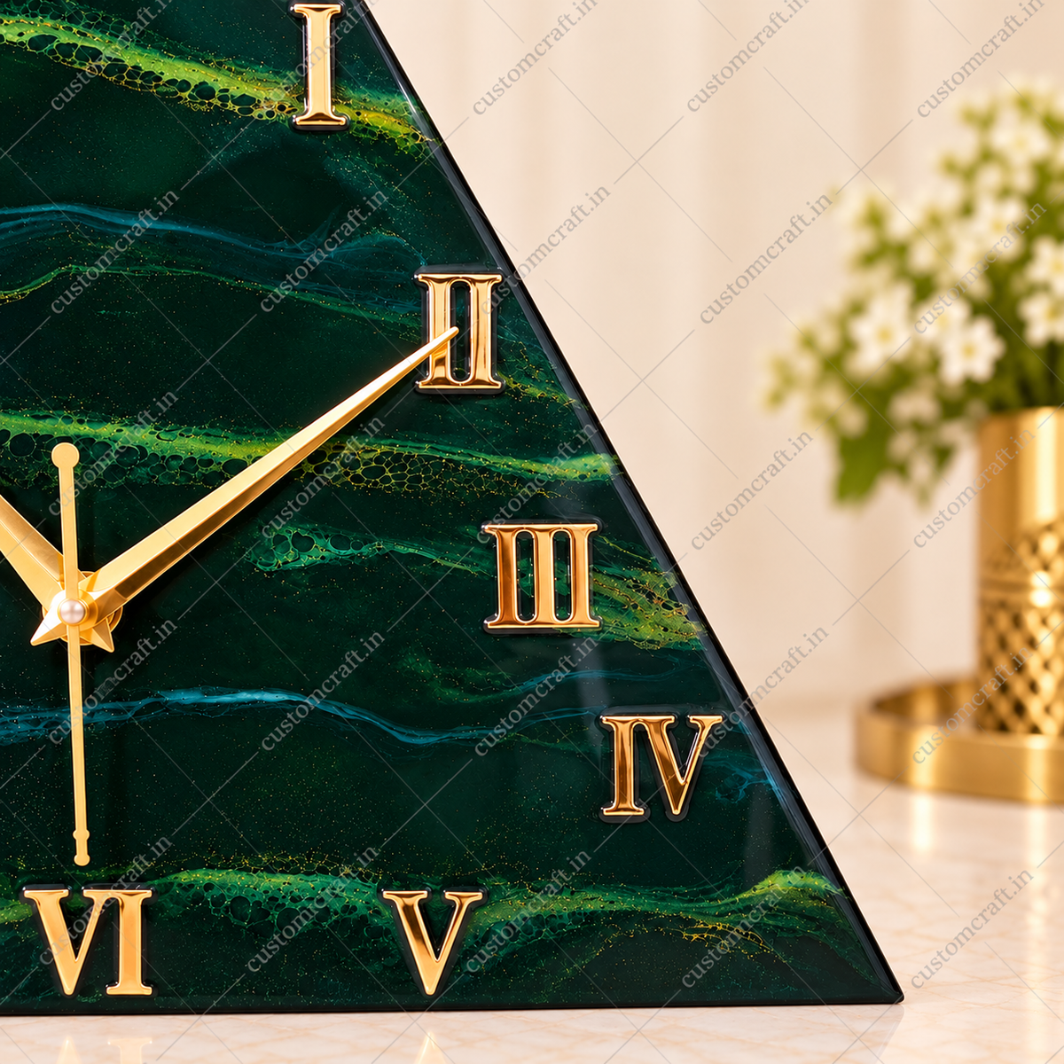 Green and Gold Triangle Resin Wall Clock, Right-Side View
