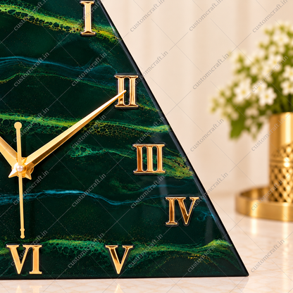 Green and Gold Triangle Resin Wall Clock, Right-Side View