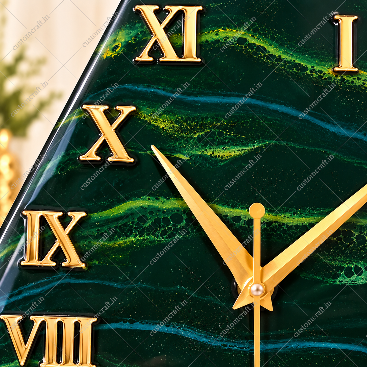 Green and Gold Triangle Resin Wall Clock, Side Profile Showing Thickness
