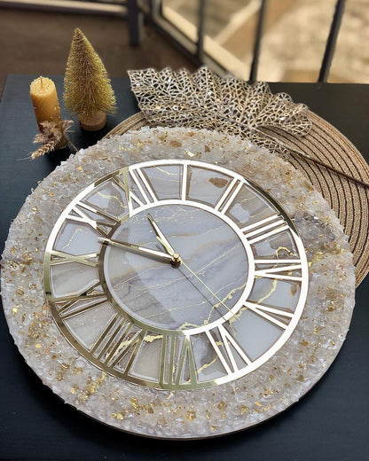 Cream Stone With Gold Flames Resin Wall Clock