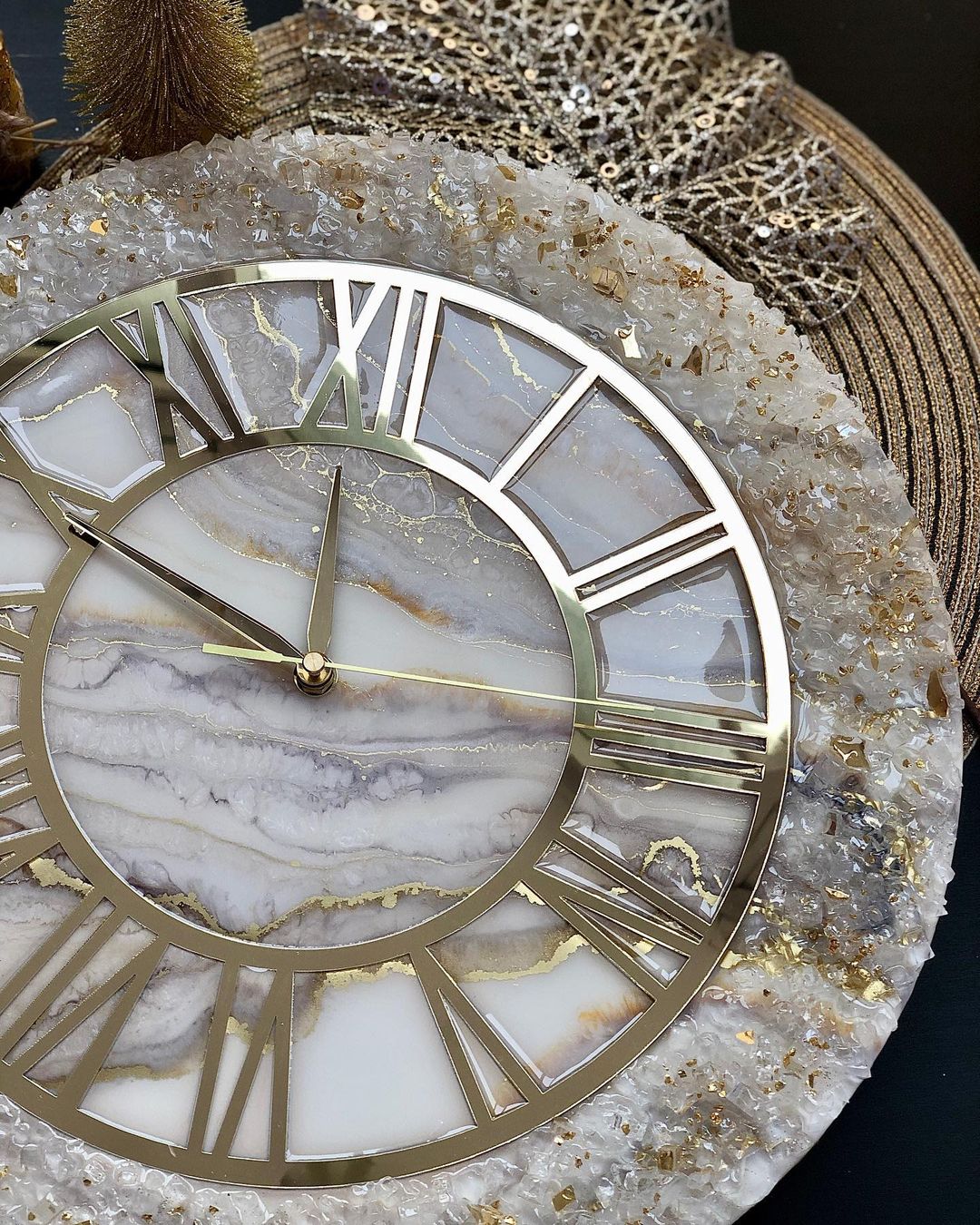 Cream Stone With Gold Flames Resin Wall Clock