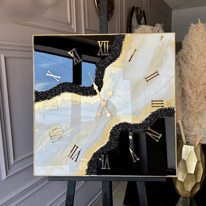 Black with Cream and Golden Border Resin Square Wall Clock