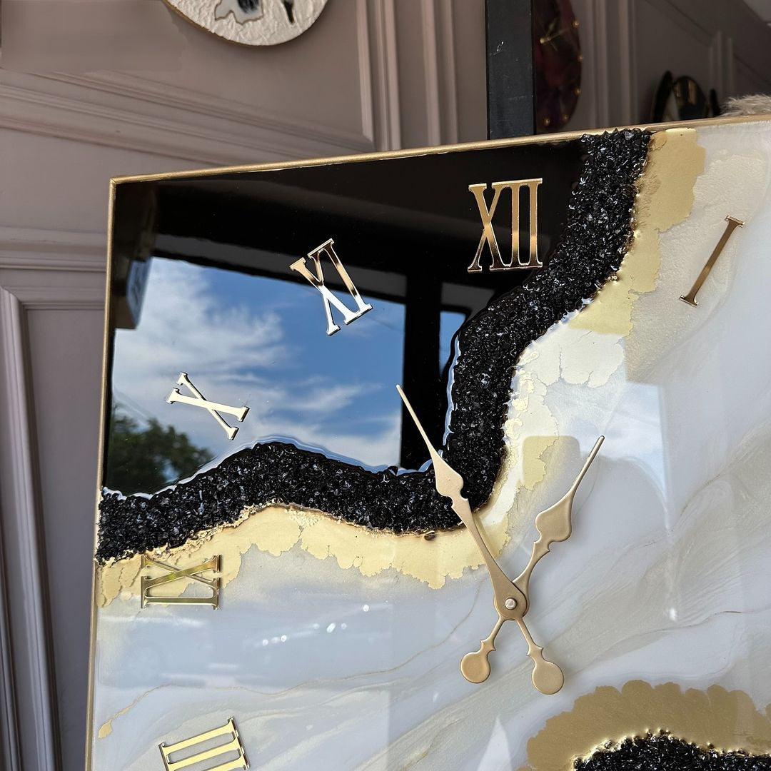 Black with Cream and Golden Border Resin Square Wall Clock