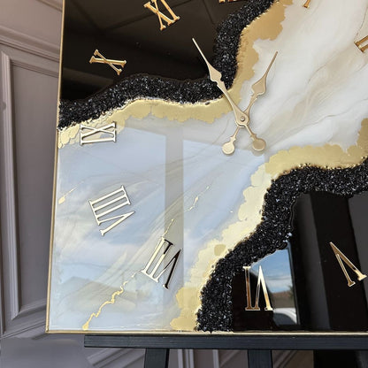 Black with Cream and Golden Border Resin Square Wall Clock