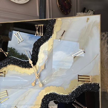 Black with Cream and Golden Border Resin Square Wall Clock