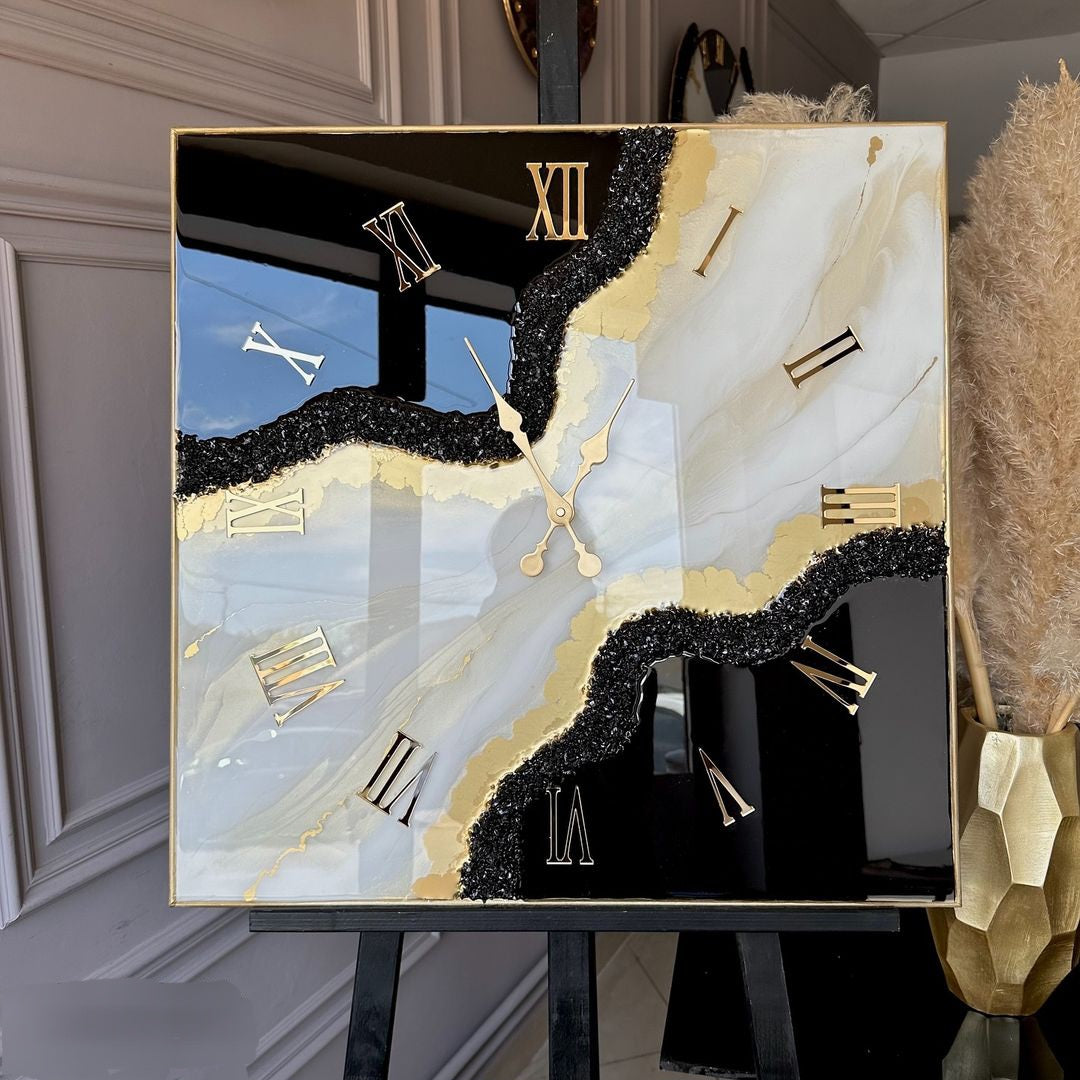 Black with Cream and Golden Border Resin Square Wall Clock