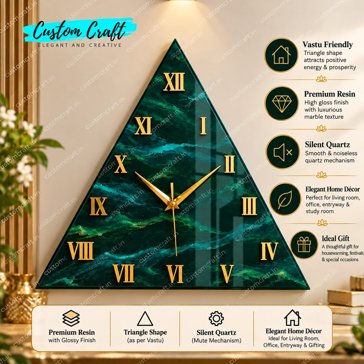 Green and Gold Triangle Resin Wall Clock with Roman Numerals