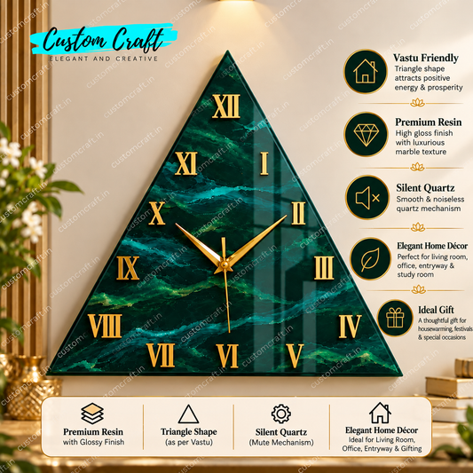 Green and Gold Triangle Resin Wall Clock with Roman Numerals