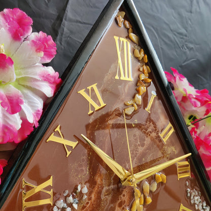 Shiny Triangle Brown With Golden Roman Numbers Resin Wall Clock