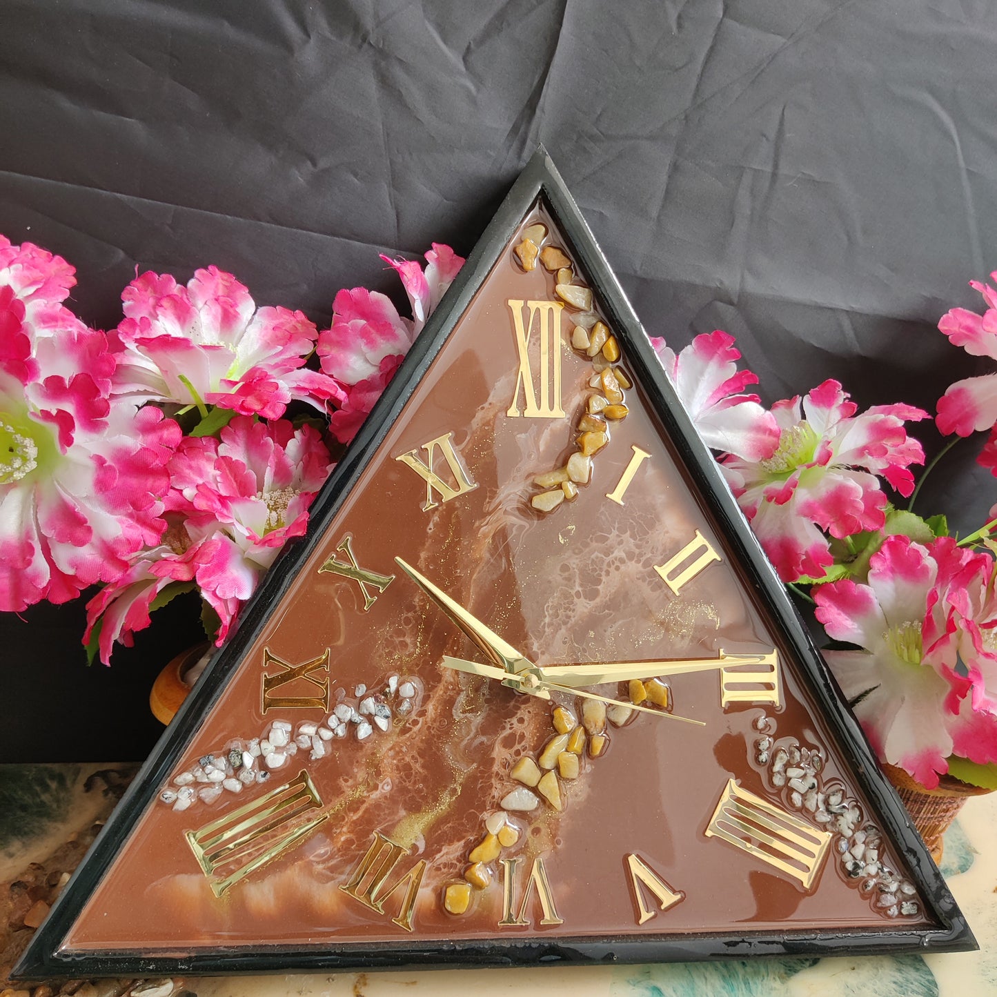 Shiny Triangle Brown With Golden Roman Numbers Resin Wall Clock