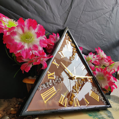 Shiny Triangle Brown With Golden Roman Numbers Resin Wall Clock