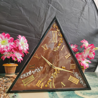 Shiny Triangle Brown With Golden Roman Numbers Resin Wall Clock