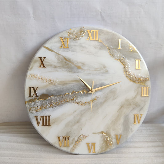 Shiny Cream Marble with Gold texture and Stones Resin wall Clock