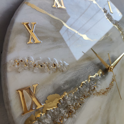 Shiny Cream Marble with Gold texture and Stones Resin wall Clock