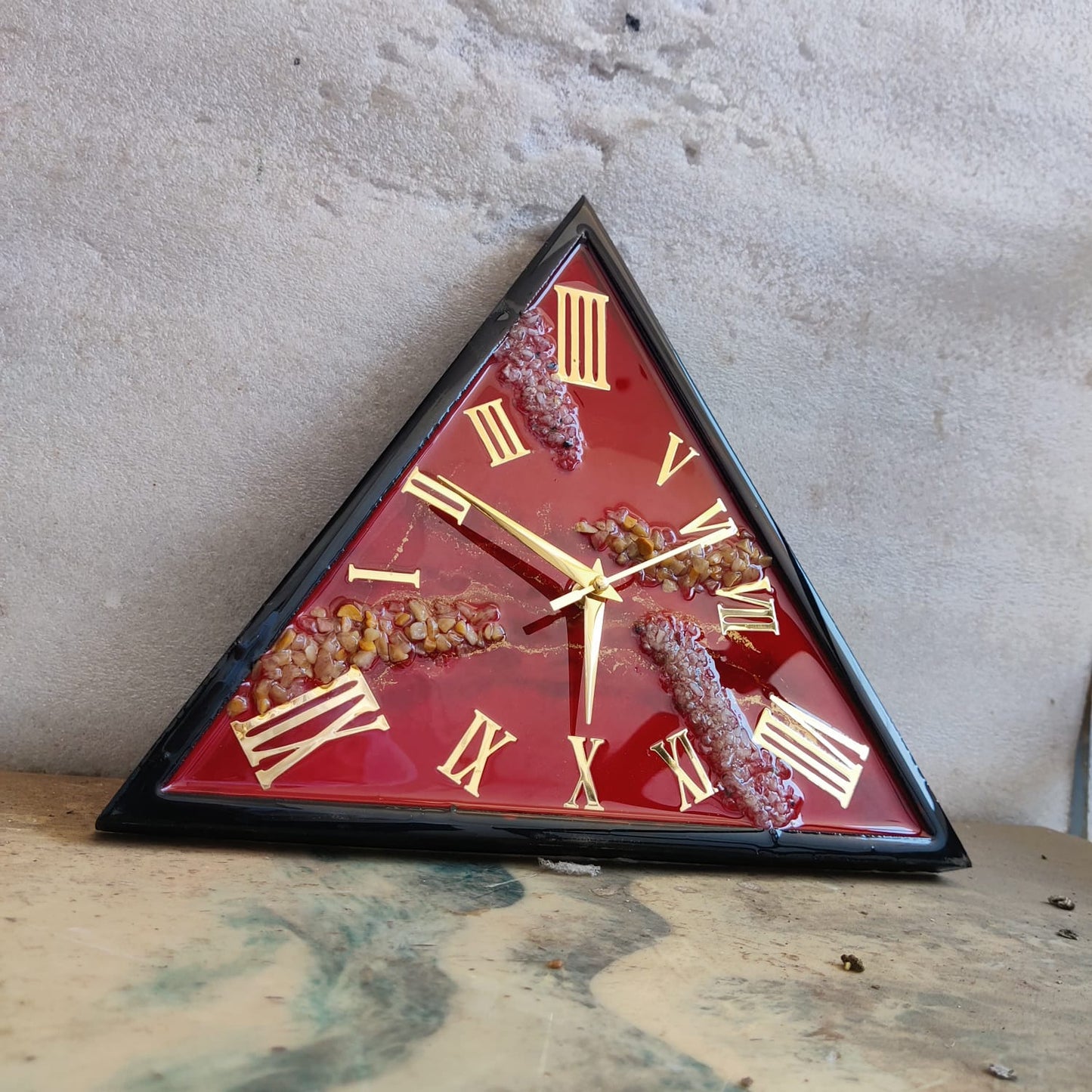 Shiny Triangle Red With Golden Roman Numbers Resin Wall Clock