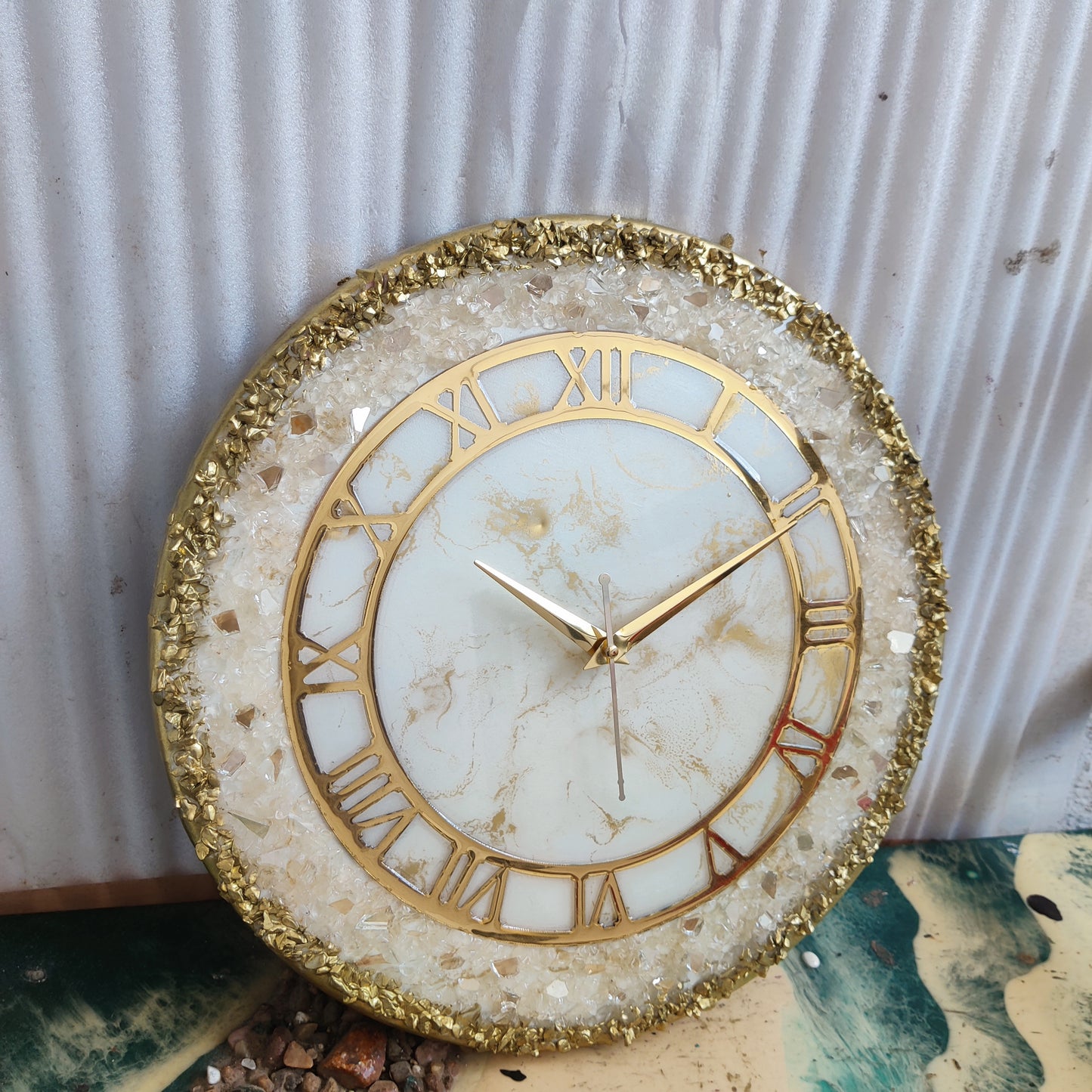 Cream Stone With Gold Border Resin Wall Clock