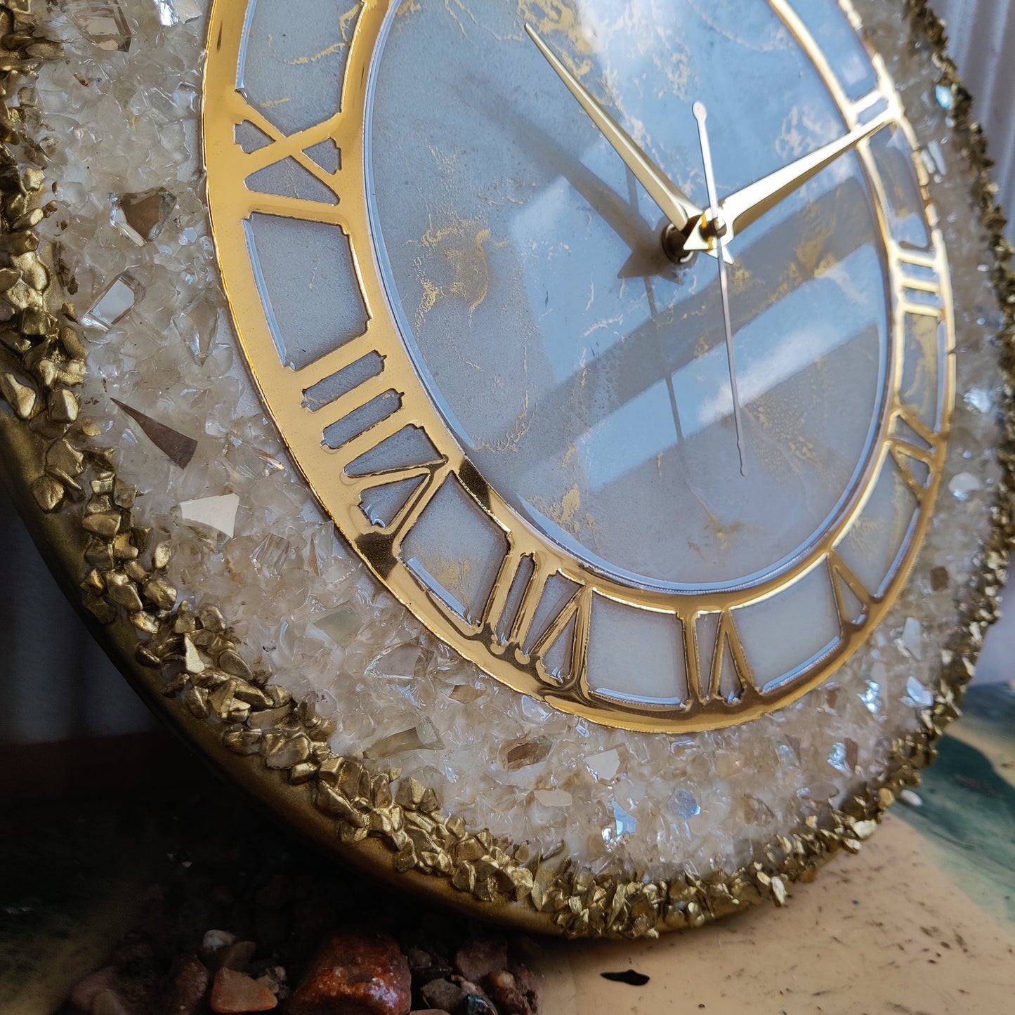 Cream Stone With Gold Border Resin Wall Clock
