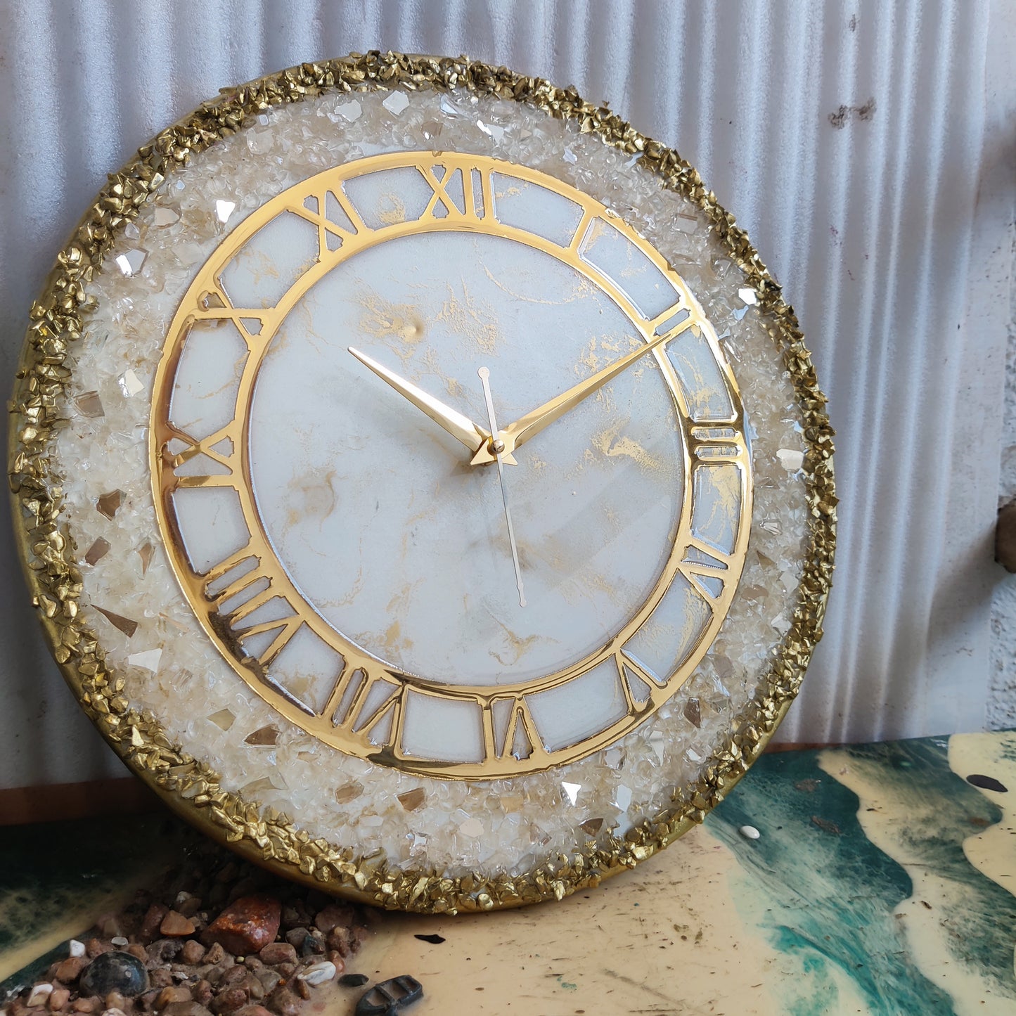 Cream Stone With Gold Border Resin Wall Clock