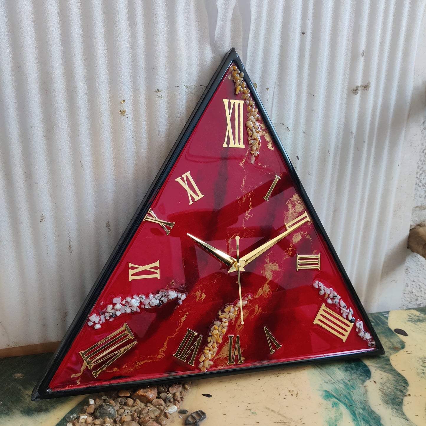 Shiny Triangle Red With Golden Roman Numbers Resin Wall Clock