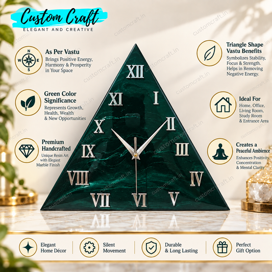 Luxury Green Triangle Resin Wall Clock | Silver Roman Numbers | Vastu Decor
