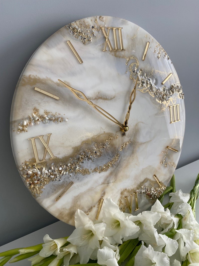 Cream Marble with Gold texture and Stones Resin wall Clock