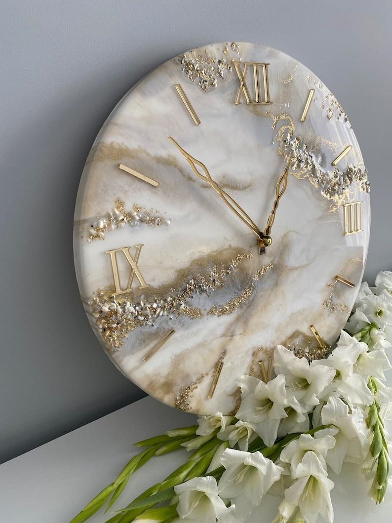 Cream Marble with Gold texture and Stones Resin wall Clock