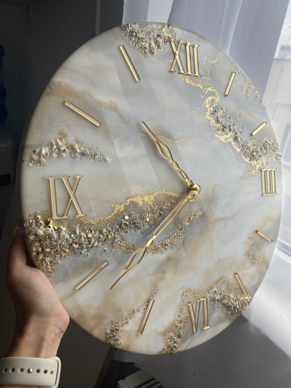 Cream Marble with Gold texture and Stones Resin wall Clock