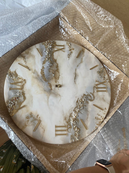 Cream Marble with Gold texture and Stones Resin wall Clock