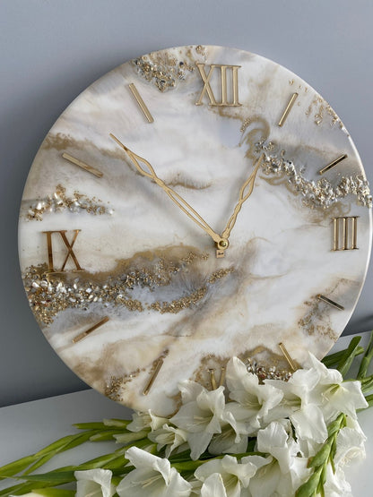 Cream Marble with Gold texture and Stones Resin wall Clock