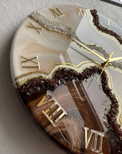 Brown with Cream and pearl stones Resin Wall Clock