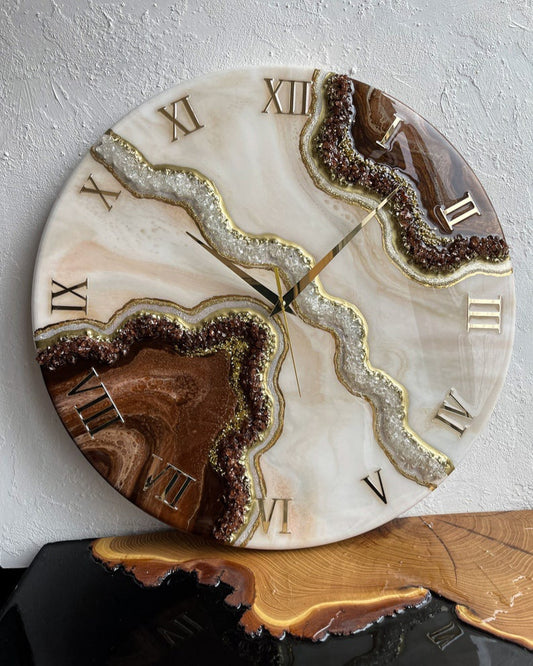 Brown with Cream and pearl stones Resin Wall Clock