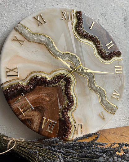 Brown with Cream and pearl stones Resin Wall Clock