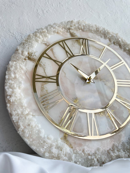 Cream Stone Art piece With Gold Flames Resin Wall Clock