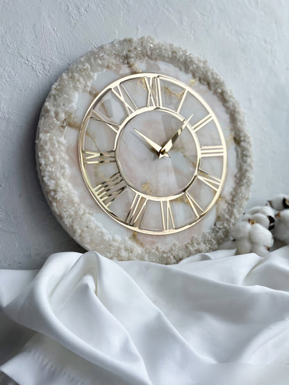 Cream Stone Art piece With Gold Flames Resin Wall Clock