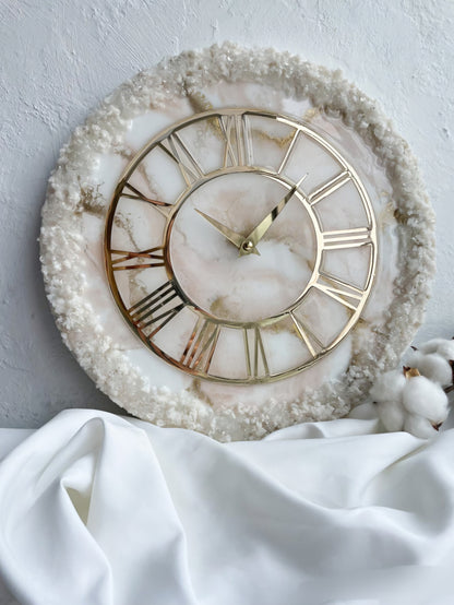 Cream Stone Art piece With Gold Flames Resin Wall Clock