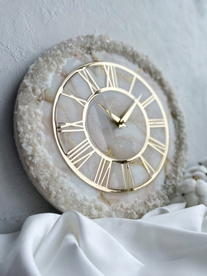 Cream Stone Art piece With Gold Flames Resin Wall Clock