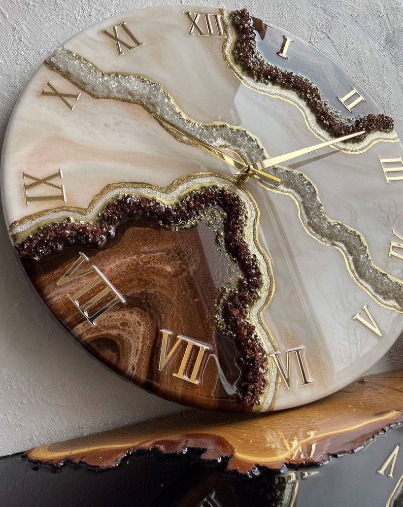 Brown with Cream and pearl stones Resin Wall Clock