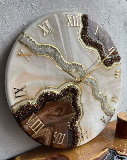 Brown with Cream and pearl stones Resin Wall Clock