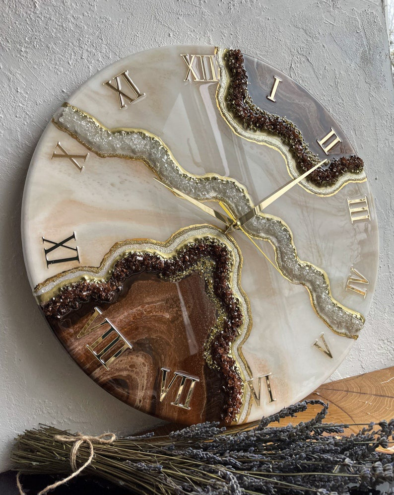 Brown with Cream and pearl stones Resin Wall Clock