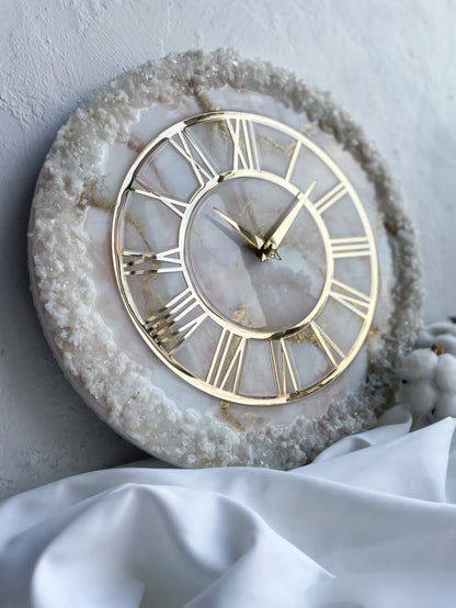 Cream Stone Art piece With Gold Flames Resin Wall Clock