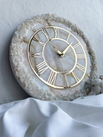 Cream Stone Art piece With Gold Flames Resin Wall Clock