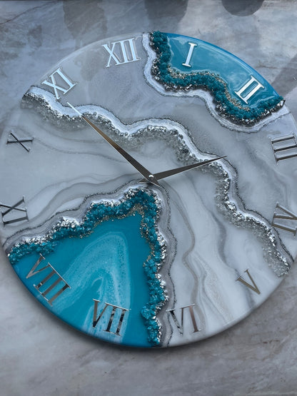 Aqua Blue with silver stones Resin Wall Clock