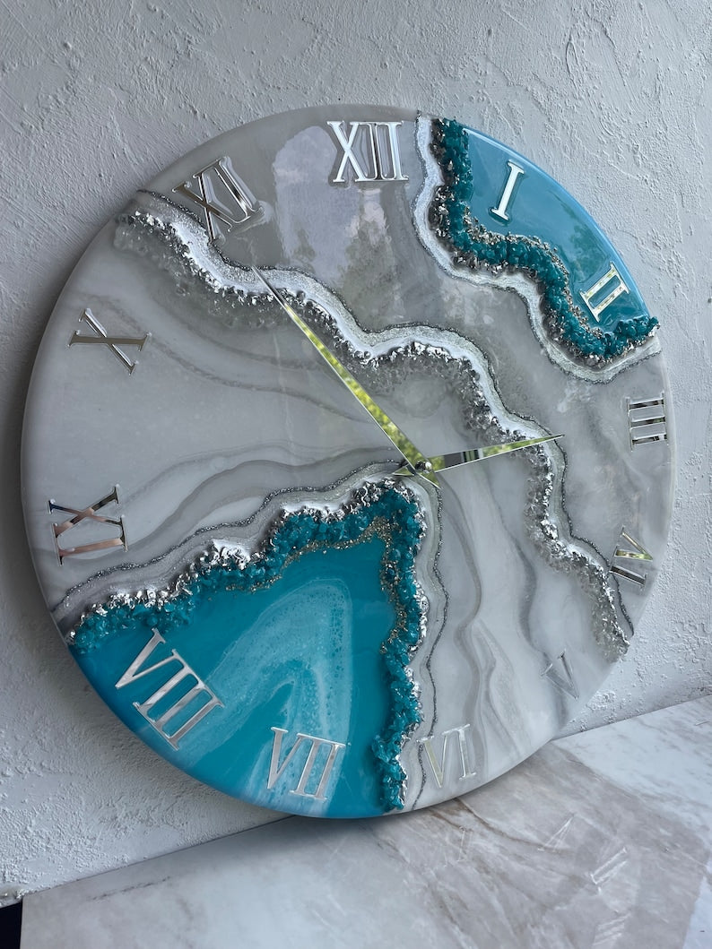 Aqua Blue with silver stones Resin Wall Clock