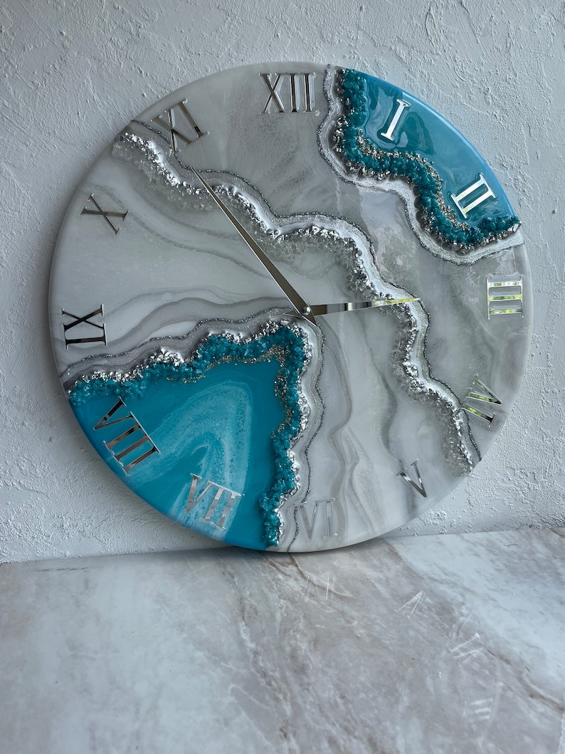 Aqua Blue with silver stones Resin Wall Clock